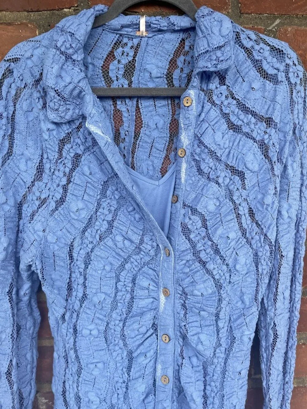 Free People Shayla Lace Mini Dress Periwinkle Blue L/S Ruched Button Front M NWT
